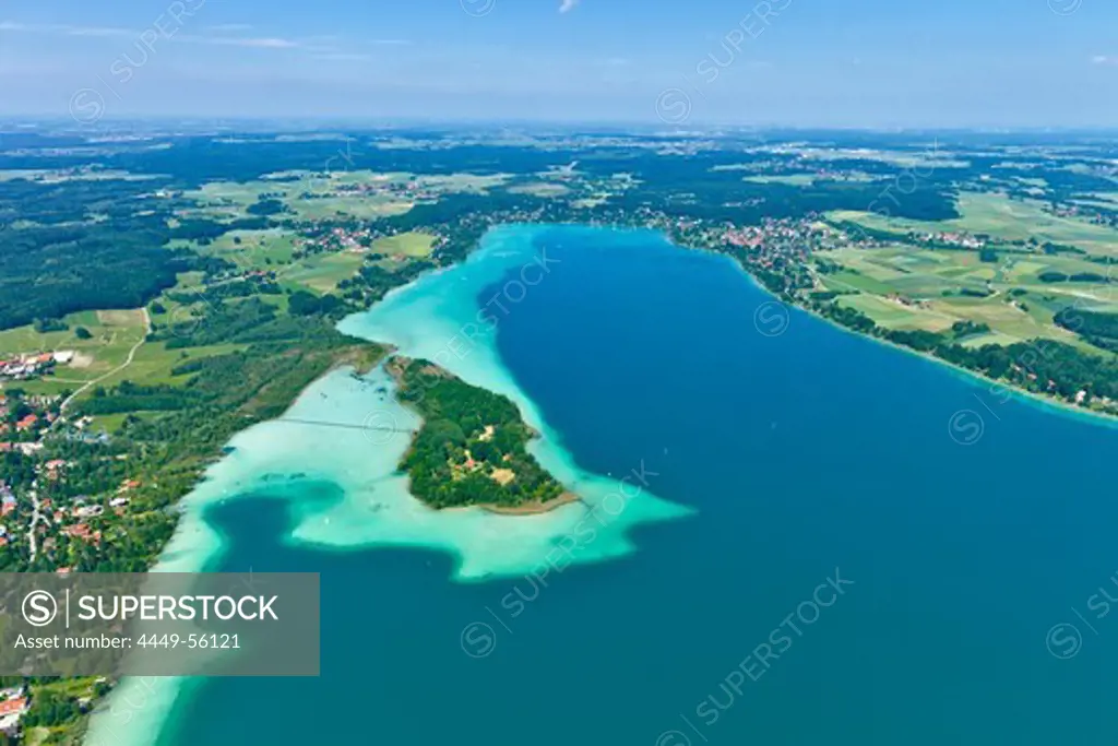 Aerial view of Maus Island, lake Woerthsee, Province of Starnberg, Upper Bavaria, Germany, Europe