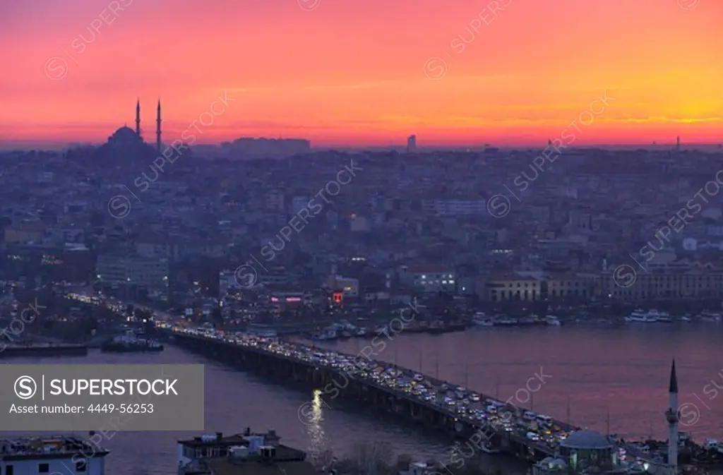 View of Atatuerk Bridge and Golden Horn at sunset, Istanbul, Turkey, Europe
