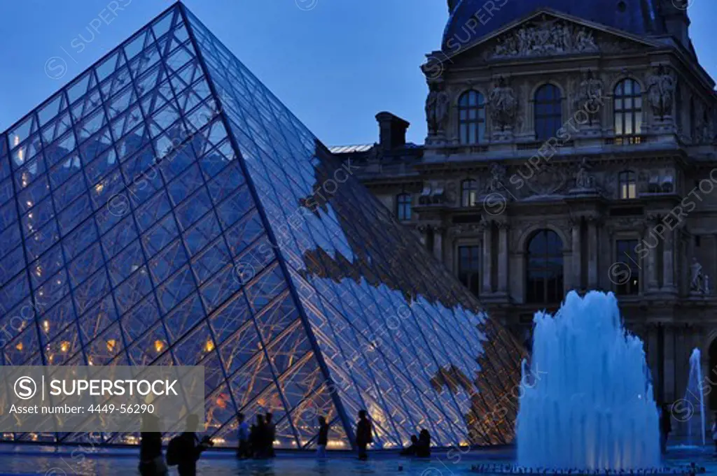 Louvre pyramid in the evening, Paris, France, Europe