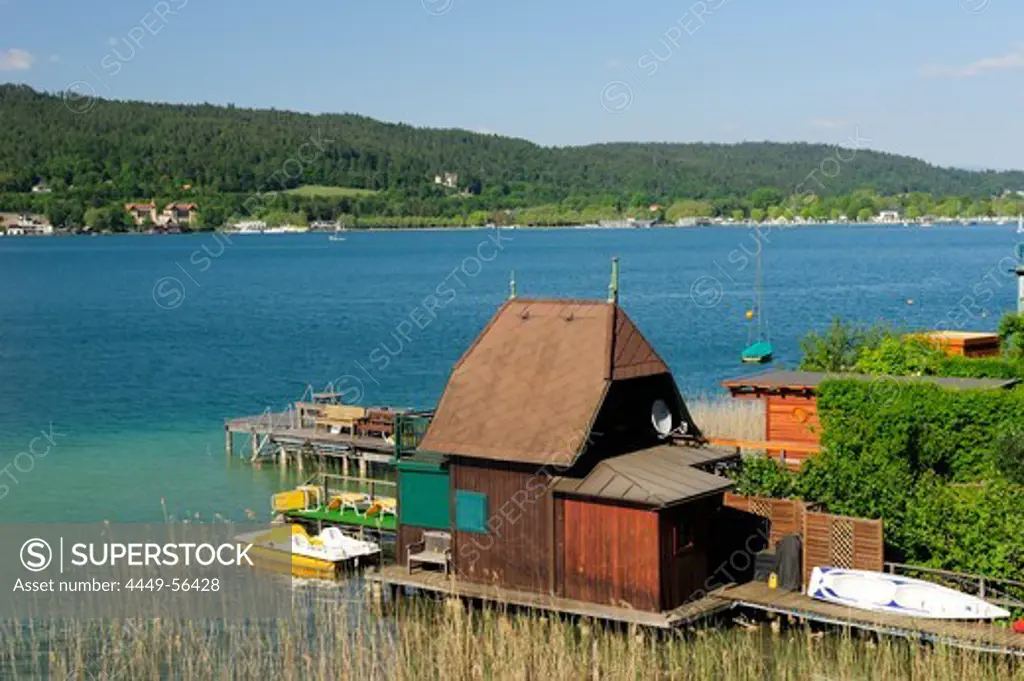 Boathouse at lake Woerthersee, lake Woerthersee, Carinthia, Austria, Europe