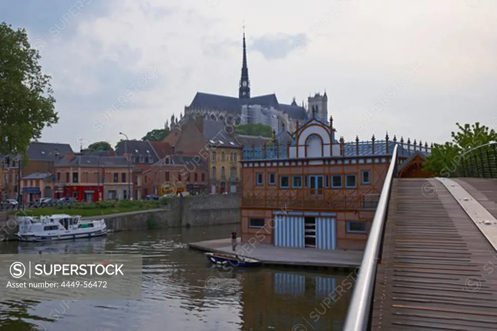 View over Port d'Amont with Pénichette; and old city and Notre-Dame cathedral and boathouse of Amiens rowing-club, Amiens, Dept. Somme, Picardie, France, Europe
