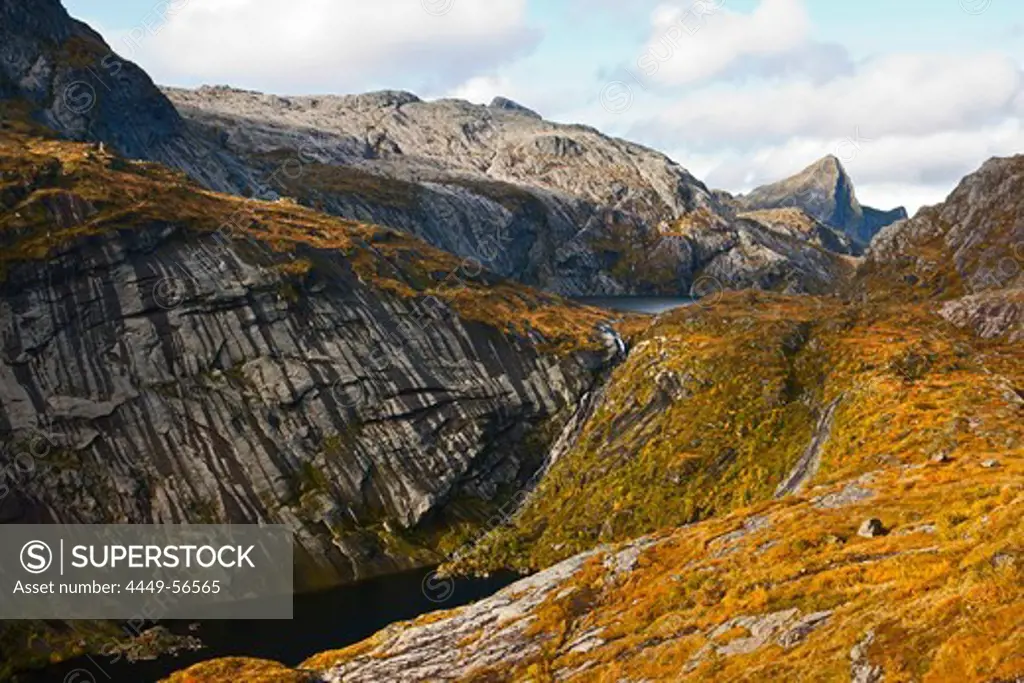 Landscape on the Lofoten at A, Autumn, Moskenesoy, Nordland, Norway, Scandinavia, Europe