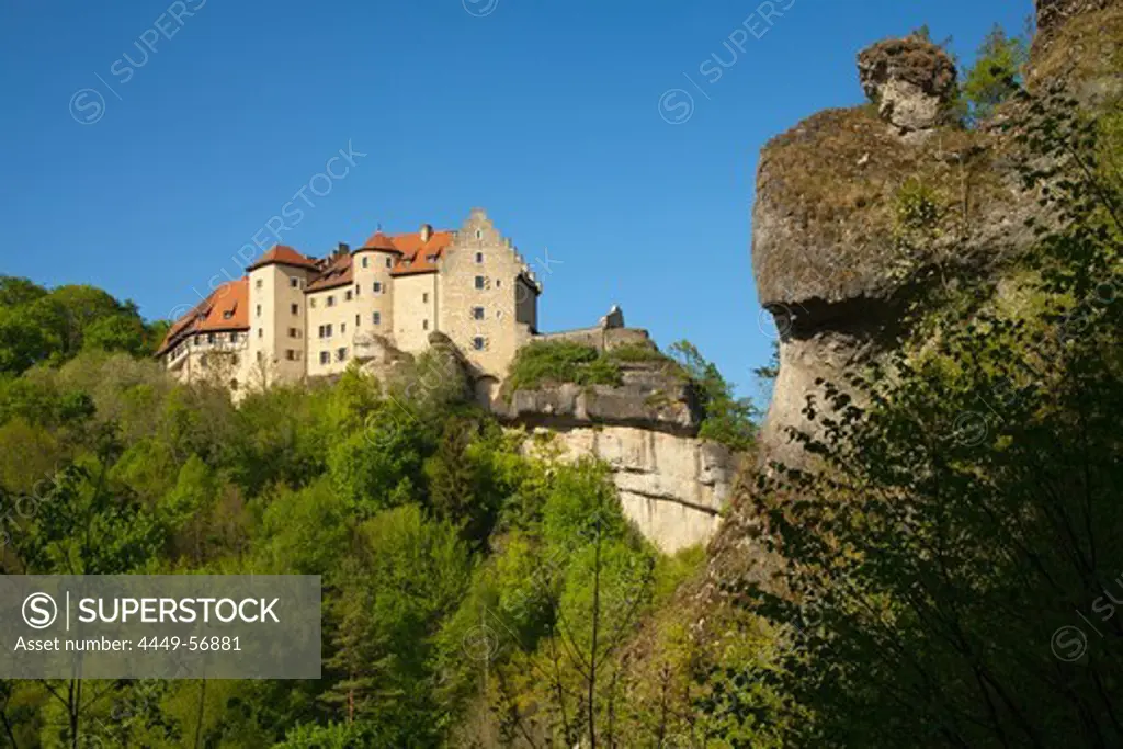 Rabenstein castle above the Ahorn valley, Fraenkische Schweiz, Franconia, Bavaria, Germany, Europe