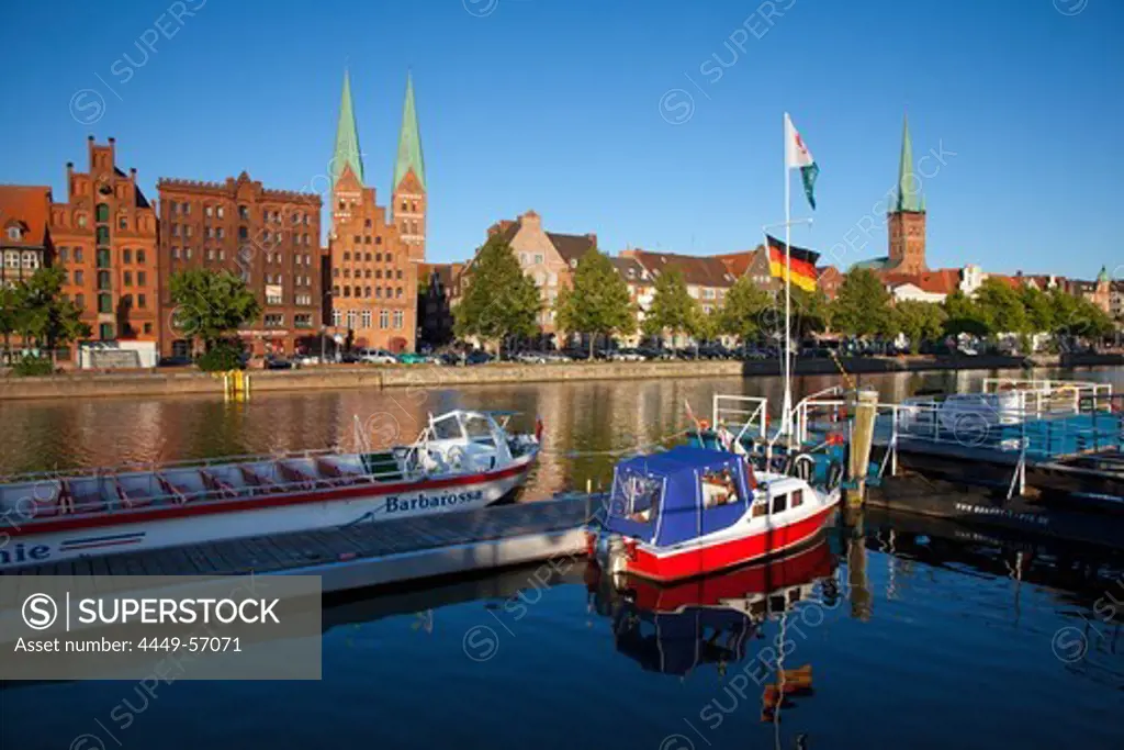 Old storehouses at Holsten harbour, St Mary´s church and church of St Petri, Hanseatic city of Luebeck, Baltic Sea, Schleswig-Holstein, Germany