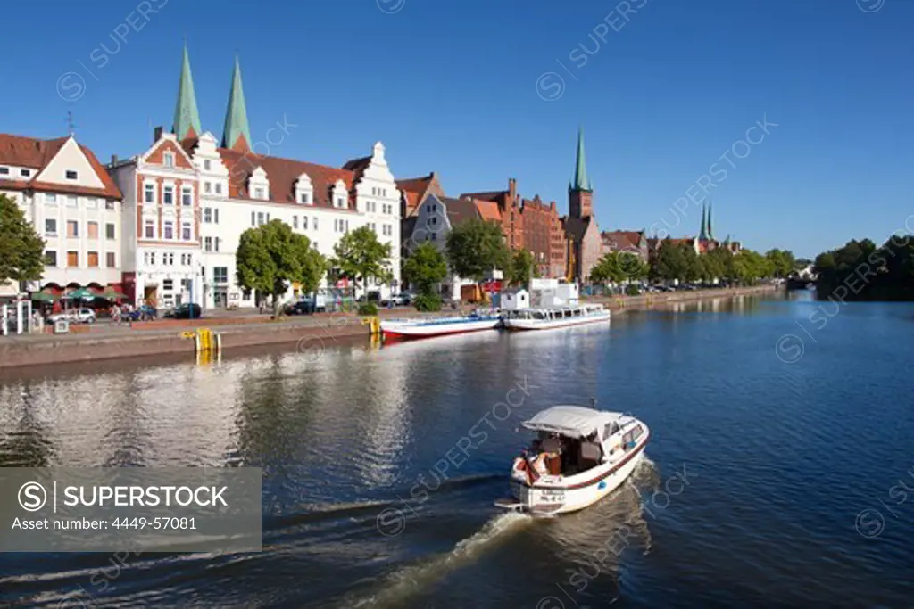 Houses with stepped gables at Holsten harbour, St. Mary´s church and church of St Petri, Hanseatic city of Luebeck, Baltic Sea, Schleswig-Holstein, Germany