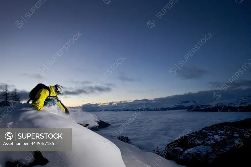 Freerider in deep snow, Chandolin, Anniviers, Valais, Switzerland