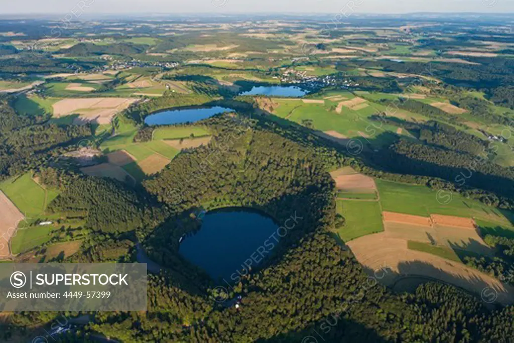 Aerial view of Dauner Maare, Gemuendener Maar und Schalkenmehrener Maar, rural district of Daun, Rhineland Palatinate, Germany, Europe