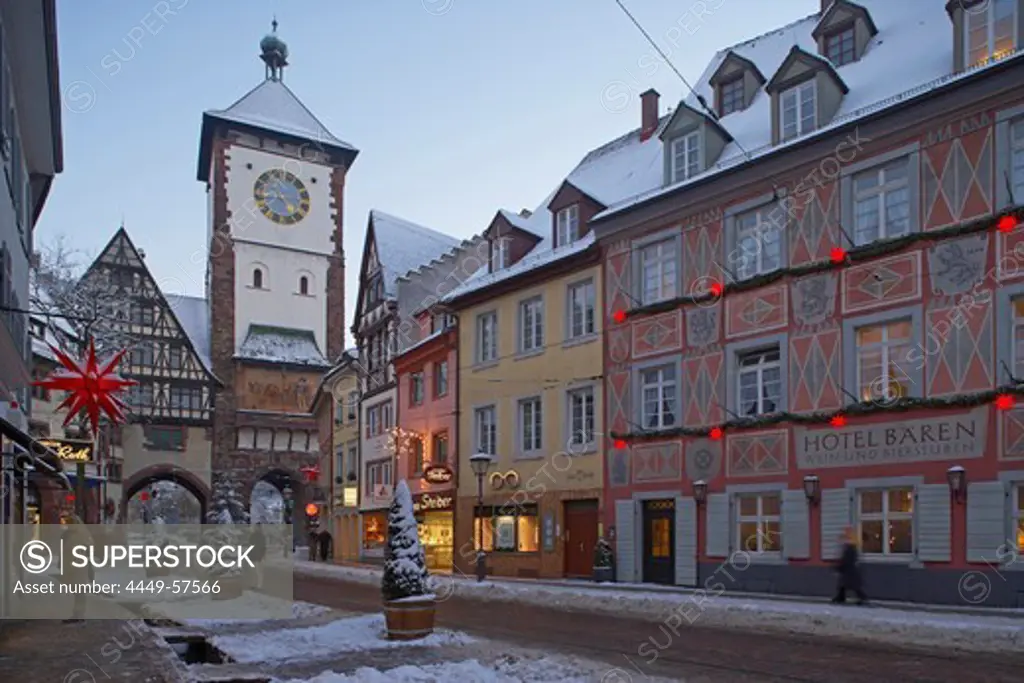 Schwabentor, Freiburg, Evening, Snow, Black Forest, Baden Wuerttemberg, Germany, Europe