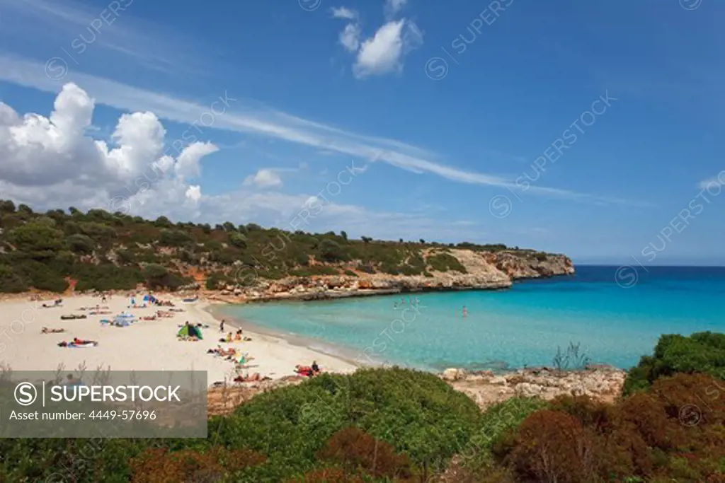 People on the beach in a bay, Cala Varques, Mallorca, Balearic Islands, Spain, Europe