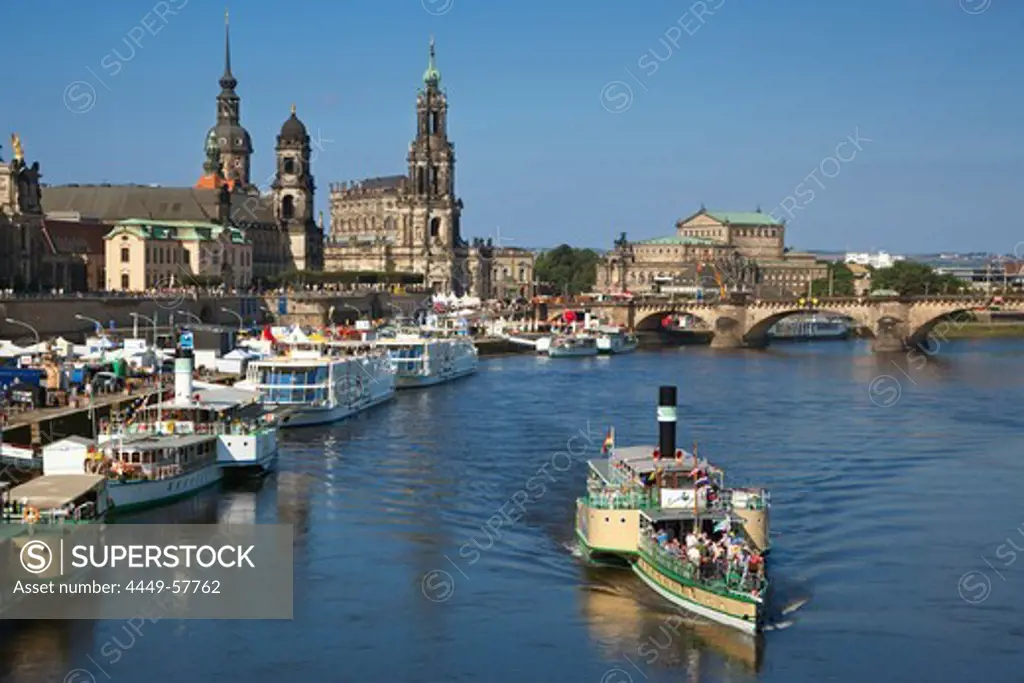 Paddle wheel steamer at the Elbe river, Staendehaus, Dresden castle, Hofkirche and Semper Opera in the background, Dresden, Saxonia, Germany, Europe
