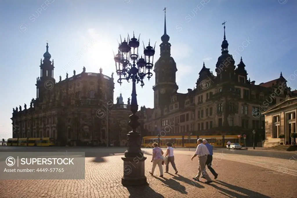 People at the Theaterplatz, Hofkirche and Dresden castle, Dresden, Saxonia, Germany, Europe