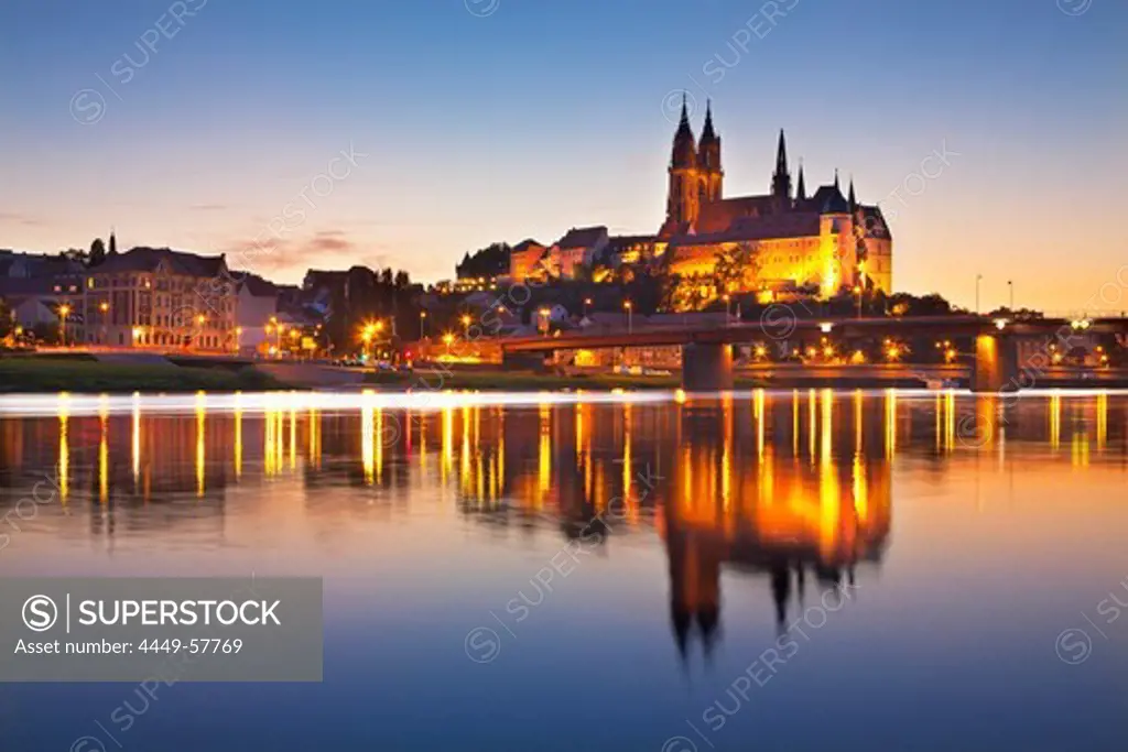 View over the Elbe river to Albrechts castle and cathedral in the evening, Meissen, Saxonia, Germany, Europe