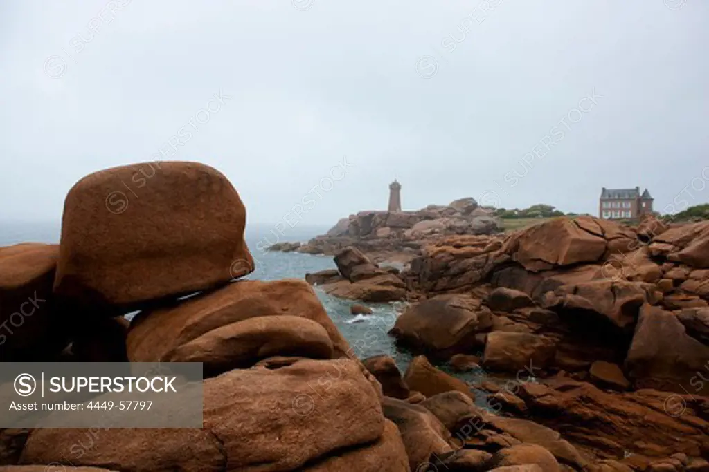 Lighthouse near Ploumanach, pink granite coast, Perros-Guirec, Cotes-d Armor, Brittany, France