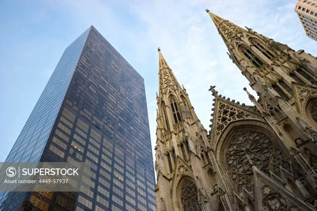 St. Patrick's Cathedral next to a high rise building, Manhattan, New York, USA, America