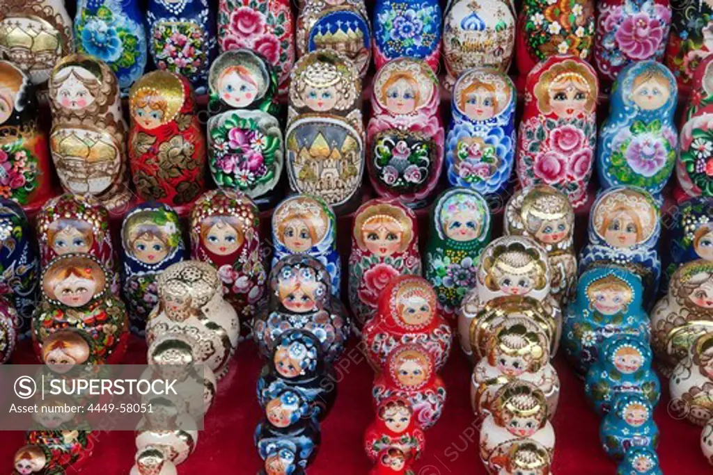 Matryoshka (babushka) dolls for sale at souvenir stand, St. Petersburg, Russia