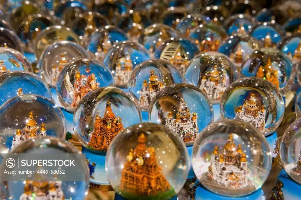 Souvenir snow globes for sale at gift shop, St. Petersburg, Russia