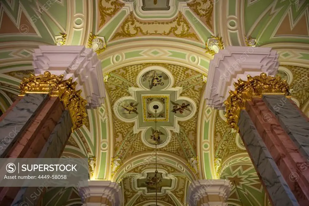 Columns and ceiling in Peter and Paul Cathedral at Peter and Paul Fortress, St. Petersburg, Russia