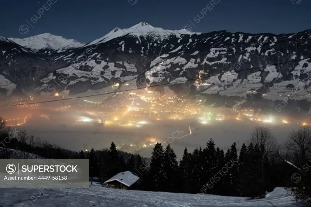 View over Fuegen at night, Zillertal, Tyrol, Austria