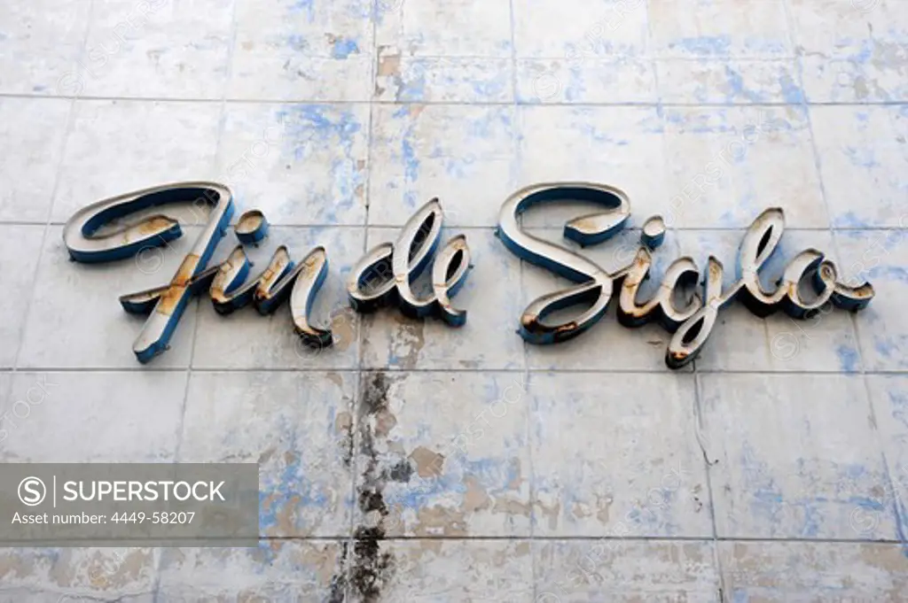 Neon light lettering depicting Fin de Siglo, a department store in the city center of Havana, Centro Habana, Cuba, Greater Antilles, Caribbean, Central America, America
