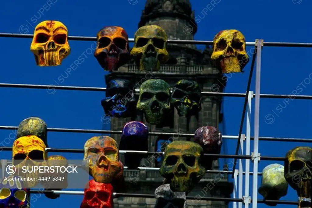 Colourful death masks at the Day of the Dead in front of the cathedral, Mexico City, Mexico, America