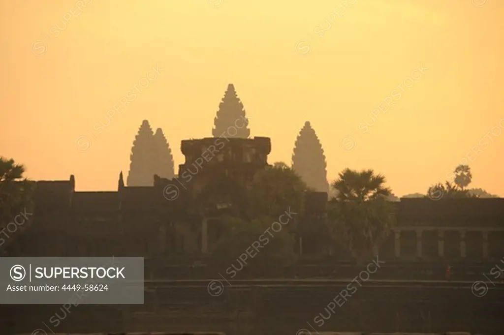 Silhouette of Angkor Vat at sunrise, Angkor, Cambodia, Asia