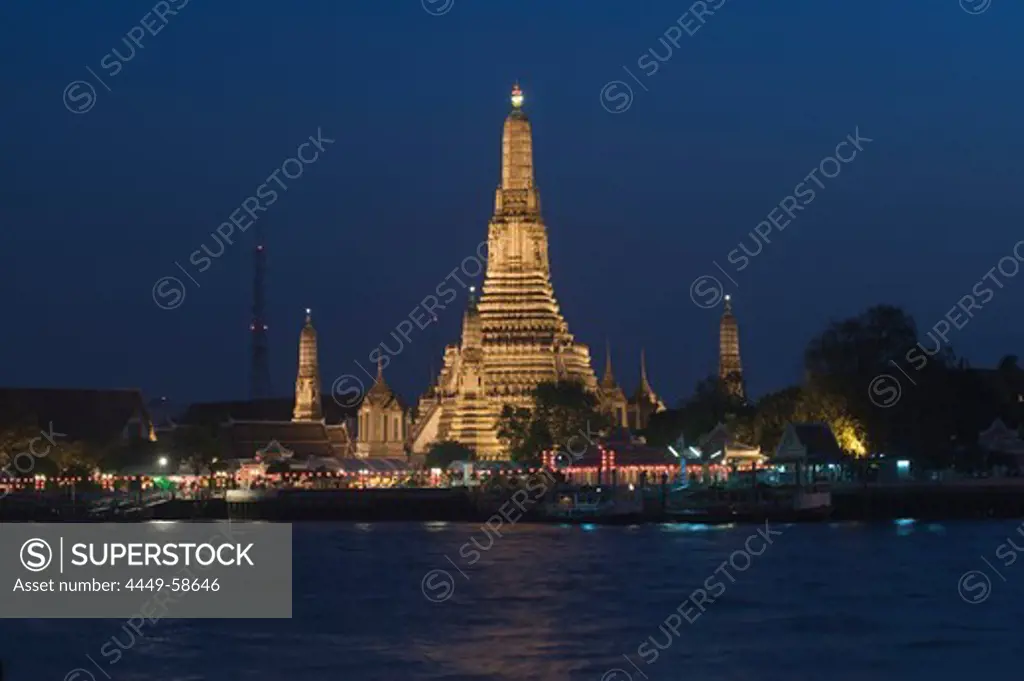 Wat Arun, temple at night, at Chao Phraya river, Bangkok, Thailand, Asia