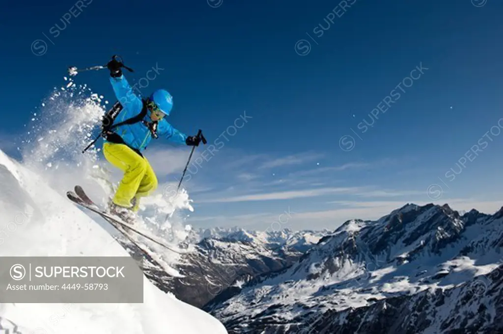 Skier going downhill, South Tyrol, Italy, Europe