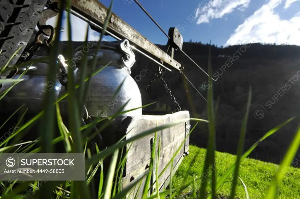Milk cans in a cable car, Schnals valley, South Tyrol, Italy, Europe