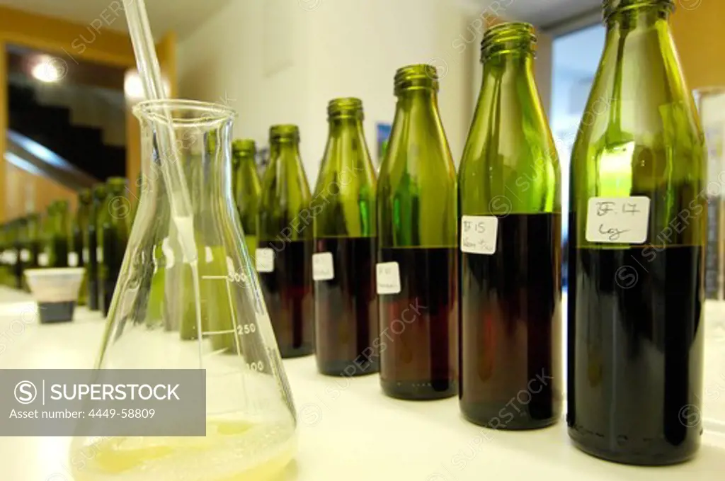 Bottles in the laboratory of winery St. Michael, Eppan an der Weinstrasse, South Tyrol, Italy, Europe