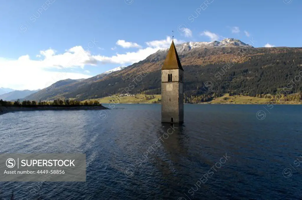 Lago di Resia, Graun, Vinschgau, South Tyrol, Trentino-Alto Adige, Italy