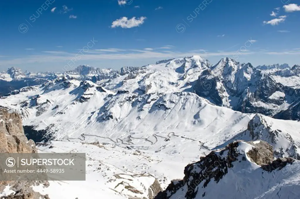 Snowy mountain scenery in the sunlight, Pordoi Pass, Alto Adige, South Tyrol, Italy, Europe