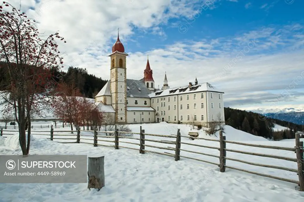 Maria Weissenstein monastery in winter, Petersberg, Alto Adige, South Tyrol, Italy, Europe