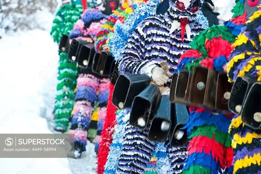 People in disguise and with masks in winter, Stilfs, Vinschgau, Alto Adige, South Tyrol, Italy, Europe