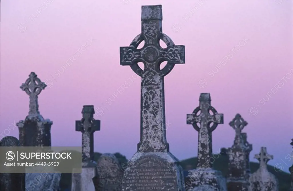 Crosses at cemetery, Clonmacnoise Monastery, County Offaly, Ireland