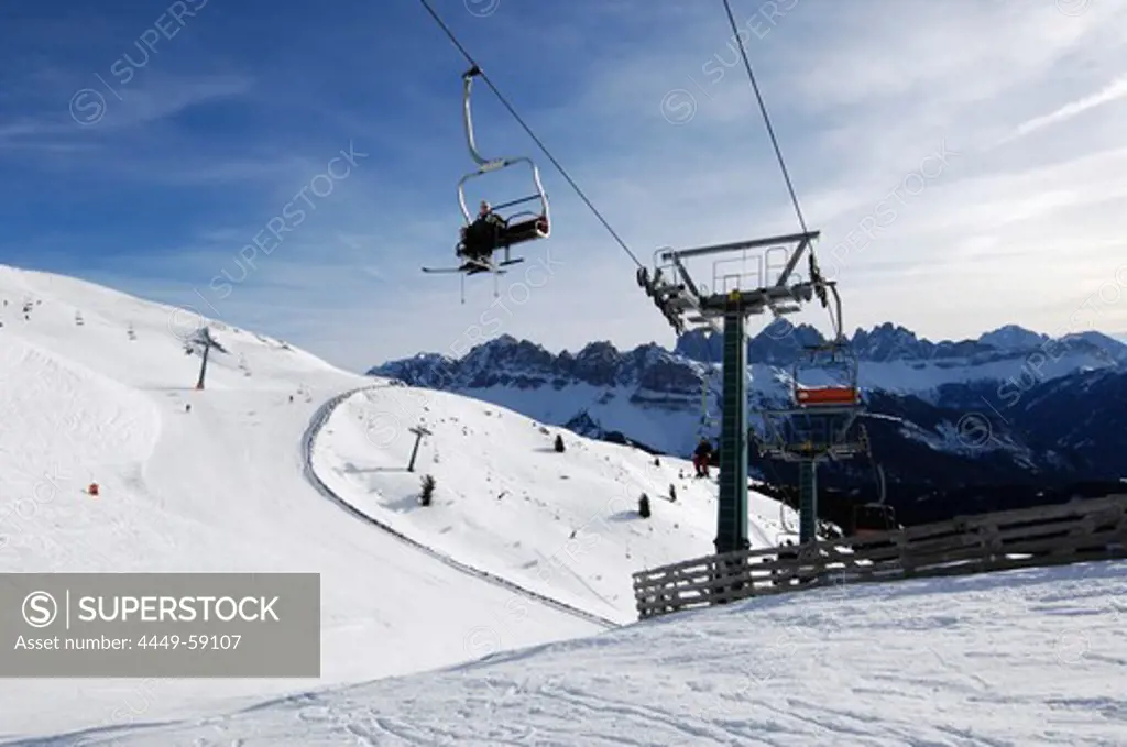 Chairlift and slope in the sunlight, Brixen, Plose mountain, South Tyrol, Alto Adige, Italy, Europe