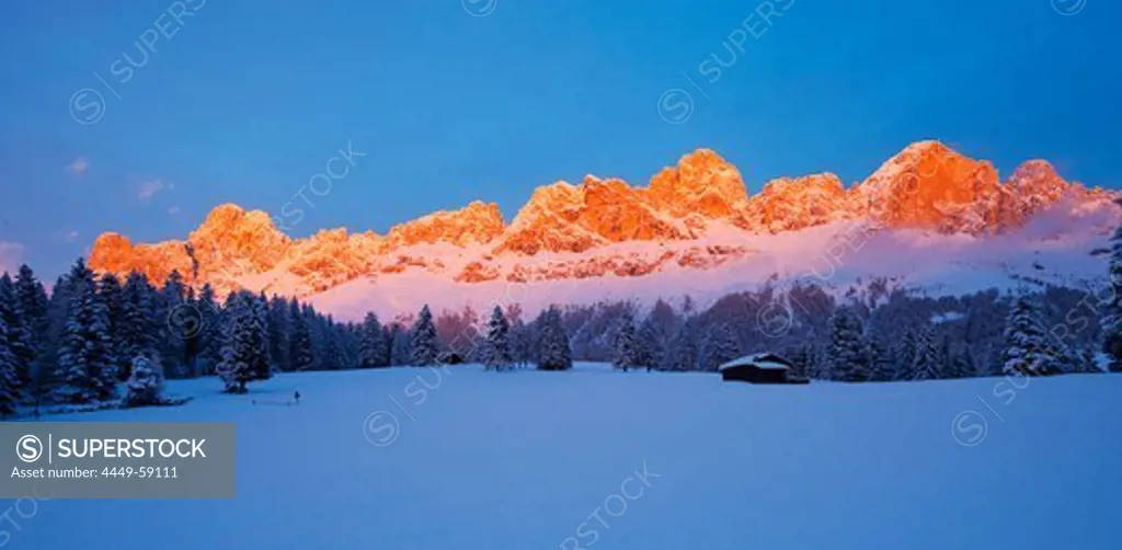 Snowy mountains at sunset, Nature park Schlern, Dolomites, South Tyrol, Alto Adige, Italy, Europe