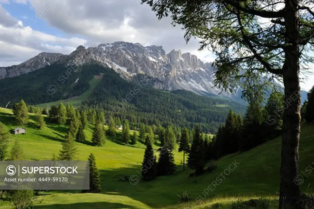 Mountain scenery under cloudy sky, Latemar, Eggental valley, South Tyrol, Alto Adige, Italy, Europe