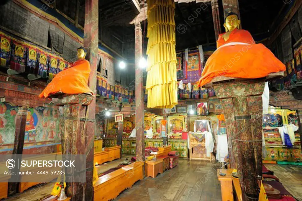 Prayer hall, Monastery of Thikse, Thiksey, Leh, valley of Indus, Ladakh, Jammu and Kashmir, Indien