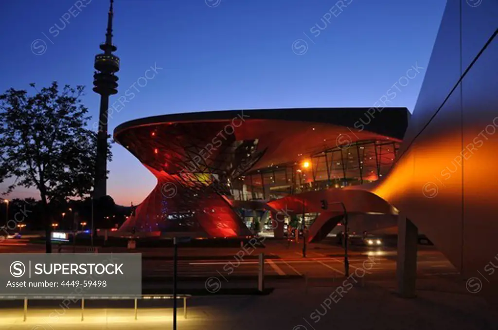 BMW-world and Olympia tower at the Olympiapark in the evening light, Munich, Germany