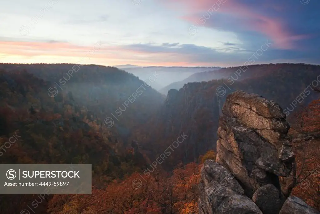 View from Hexentanzplatz over the Bode valley to Rosstrappe rock, near Thale, Harz mountains, Saxony-Anhalt, Germany, Europe