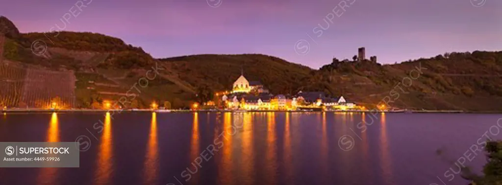 Panorama view of Beilstein and Metternich castle in the evening, Moselle river, Rhineland-Palatinate, Germany, Europe