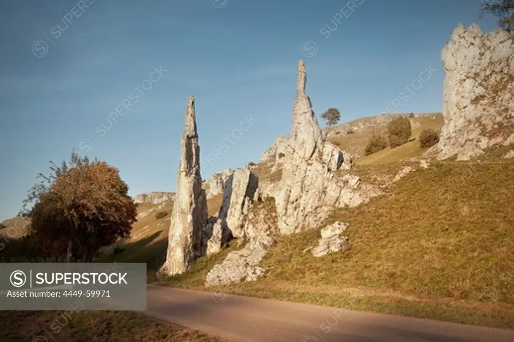 Stone virgins in Eselsburger Tal in Autumn, Brenztal near Herbrechtingen, Heidenheim, Schwaebische Alb, Baden-Wuerttemberg, Germany