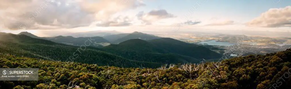 Panoramic view from Mt Wellington, wilderness and city, Derwent River, Hobart, Tasmania, Australia