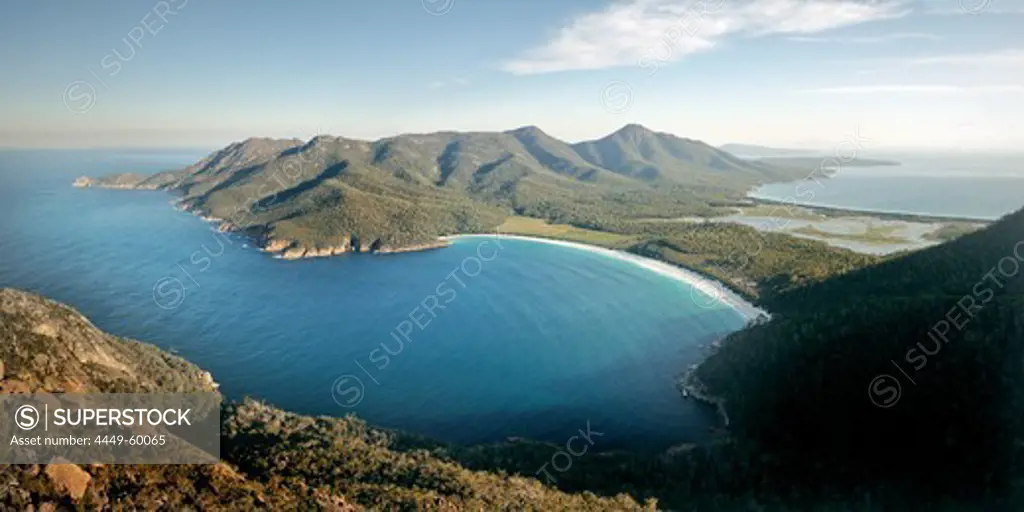 Panoramic view at Wineglass Bay from Mount Amos, Freycinet National Park, Tasmania, Australia, Tasman Sea
