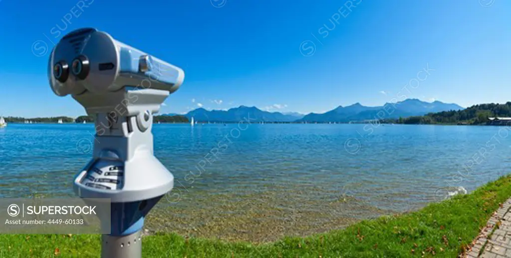 Binoculars at lakeside, lake Chiemsee, Prien, Chiemgau, Upper Bavaria, Germany