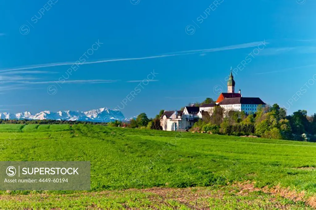 Andechs Abbey, Wetterstein mountain range with Zugspitze and Alpspitze in background, Upper Bavaria, Germany