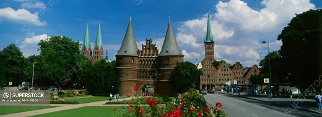 Holsten Gate with Church of Our Lady and St. Petri, Luebeck, Schleswig-Holstein, Germany, Europe
