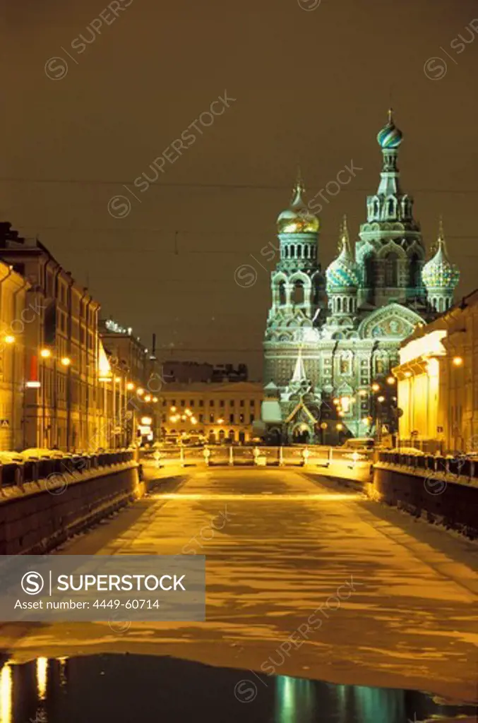Griboyedova Canal and Our Savior Cathedral at night, St. Petersburg, Russia, Europe