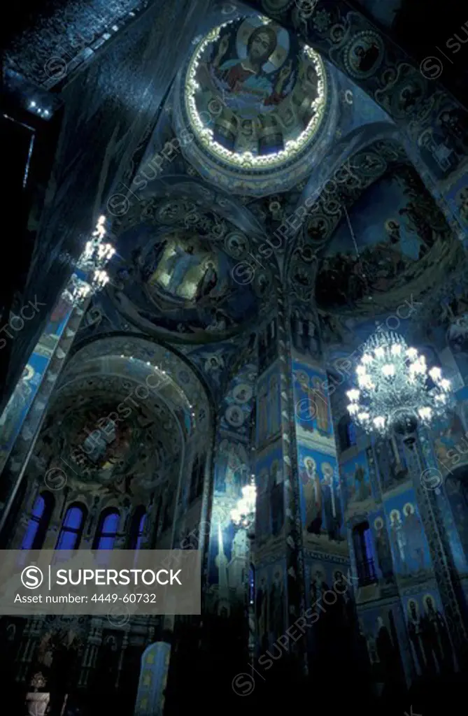 The richly decorated interior of the church of the Savior on Blood, St. Petersburg, Russia