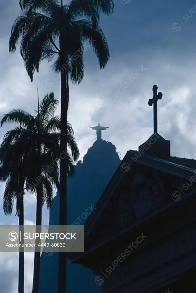 Church in front of Corcovado mountain with statue of Jesus Christ, Botafogo district, Rio de Janeiro, Brazil, South America, America